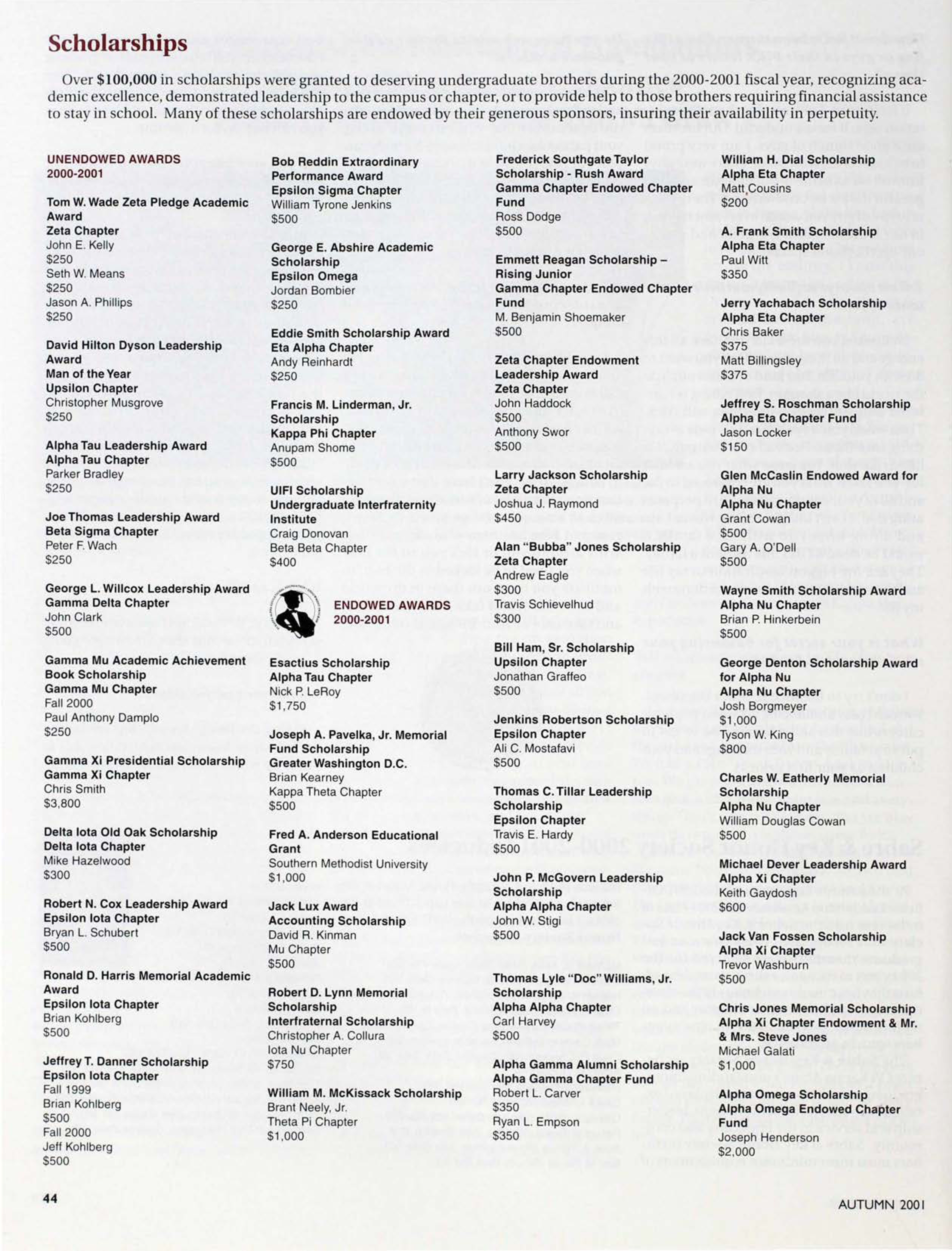 Educational Foundation: Scholarships, Autumn 2001